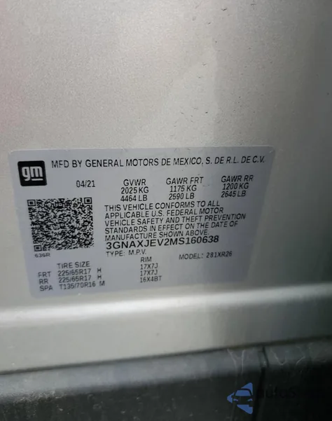 2021 Chevrolet Equinox Lt from USA, damaged, VIN 3GNAXJEV2MS160638